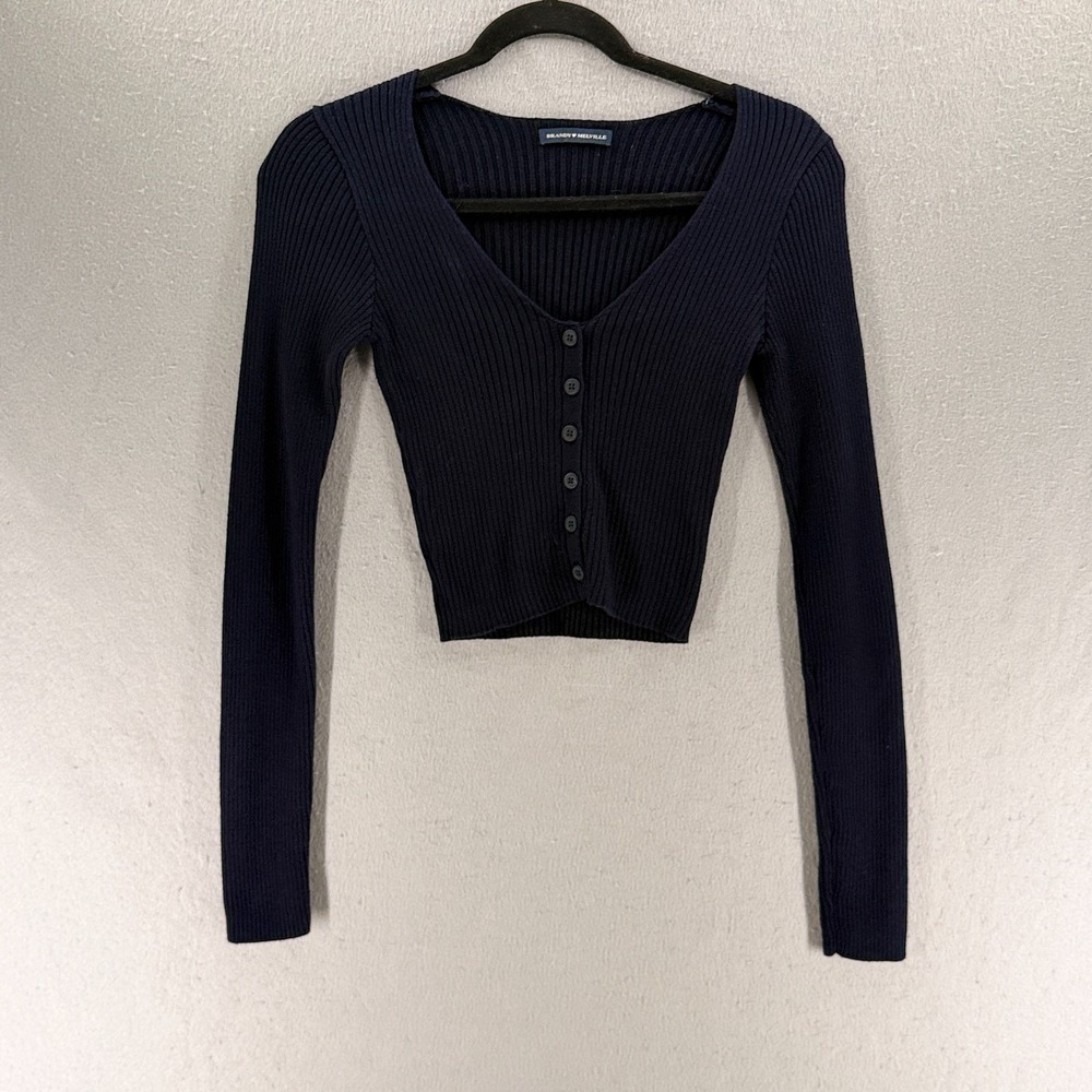 Brandy Melville Cardigan Sweater Womens Navy Ribbed Button-Front Academia Crop